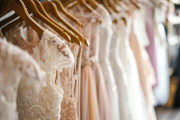 Obraz premium Wedding Dresses Hanging In Elegant Bridal Shop
