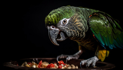 Obraz premium Vibrant gold and blue macaw perching on branch, looking at camera generated by AI