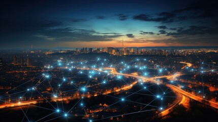 connection, digital, network, technology, communication, energy, line, wireless, connect, innovation. global media link connecting on night city background, internet, 5G communication. generate via AI