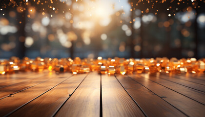 Glowing wood plank illuminates rustic table in bright celebration generated by AI