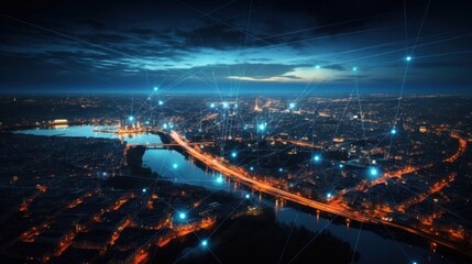 connection, digital, network, technology, communication, energy, line, wireless, connect, innovation. global media link connecting on night city background, internet, 5G communication. generate via AI