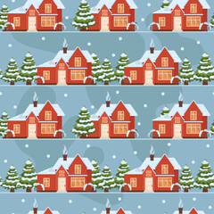 Seamless winter pattern. Beautiful house surrounded by  trees. Vector graphic.