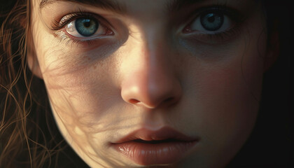 Fototapeta premium A beautiful young woman with brown hair, looking at the camera generated by AI