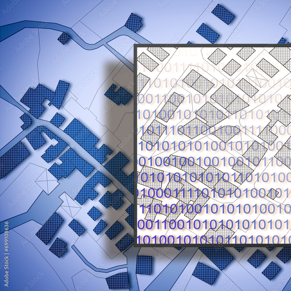 Poster computerized land registries - concept with an imaginary cadastral map of territory with buildings, 