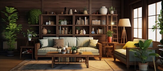 living room decoration in a wooden house - obrazy, fototapety, plakaty