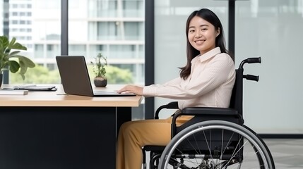 An asian young businesswoman in wheelchair at office, disability person.
