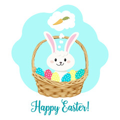Easter card, cute rabbit in a wicker basket with eggs. Baby print, illustration, vector