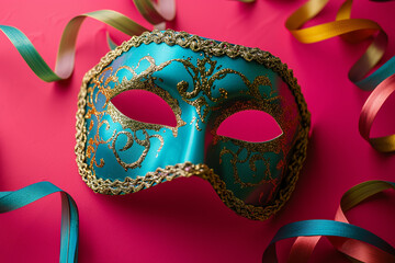 A blue carnival mask with a gold design on it on a pink background with garlands of ribbons of different colors.