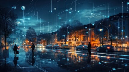 connection, digital, network, technology, communication, energy, line, wireless, connect, innovation. global media link connecting on night city background, internet, 5G communication. generate via AI