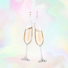 Two champagne glasses with party background