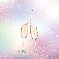 Two champagne glasses with party background