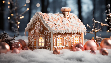 Fototapeta premium Snowy night, homemade gingerbread house, decorated with icing and candy generated by AI