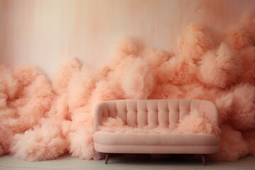 Peach fuzz color sofa armchair and wall, wallpaper background