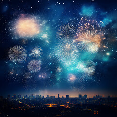Happy new year beautiful fireworks with river in night sky. Happy new year 2024