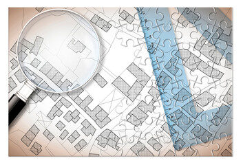 Plastic set square and magnifying glass over an imaginary cadastral map of territory with buildings, fields and roads - 3D render concept image in jigsaw puzzle shape