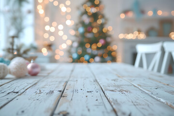 Closeup of an empty white wooden table with Christmas tree and Christmas lights in background. Light interior. New Year's holidays concept.	