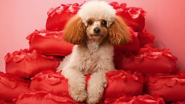 A poodle sitting regally atop a pile of heartshaped pillows, sporting a red feather boa around its neck.