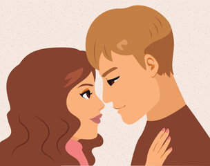 Young adult cute couple side view looking at each other illustration. Boyfriend and girlfriend in love vector flat cartoon style