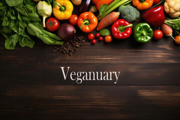 Veganuary text on a wooden table and a set of vegetables. Veganism, diet, healthy eating concept