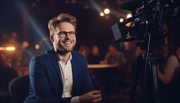 Behind the scenes of reporter at tv interview
