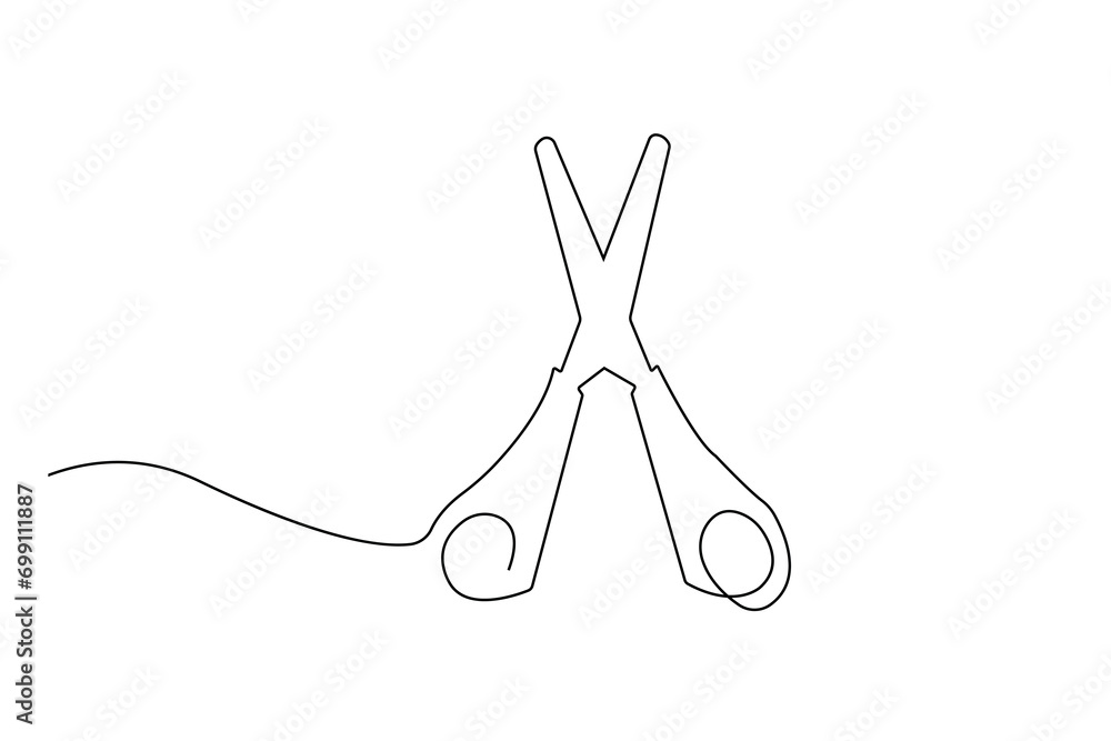Poster continuous line drawing of a scissors on white background