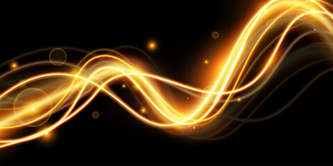 Light effect of shiny gold lines.Gold color glowing design element.Wavy bright stripes.	