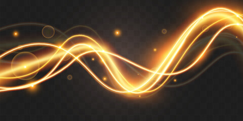 Light effect of shiny gold lines.Gold color glowing design element.Wavy bright stripes.	