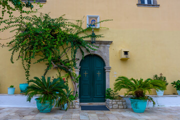 architecture of Corfu, old church in the island, Greece, summer