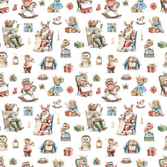 Fototapeta premium Seamless pattern with vintage variety set of funny cute animals in Christmas clothes and objects isolated on white background. Watercolor hand drawn illustration sketch
