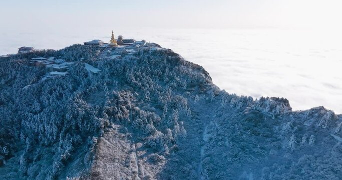 aerial view of sunrise amazing landscape at Emei mountain summit world wonder of Sichuan China