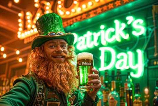 St. Patrick's day leprechaun drinking a beer in an irish bar, saint patrick day neon text in the background of the pub, smiling and wearing a green costume and hat, hd