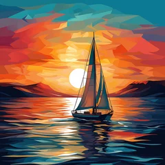 Deurstickers Watercolour sailboat in sunset © Pannisa888