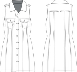 Denim jean sleeveless mini shirt dress vector cad technical drawing