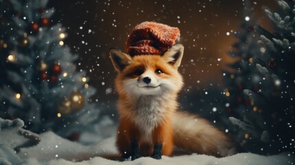 Obraz premium little cute fox in a hat with gifts under the Christmas tree, postcard, banner