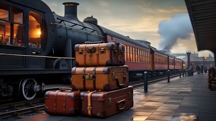 Vintage train arriving to platform with stack of luggage. 