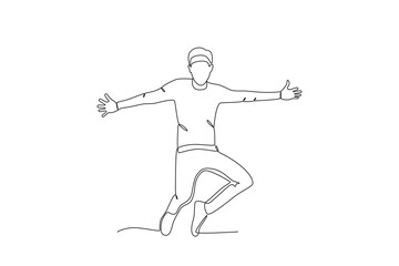 Fototapeta na wymiar Single continuous line drawing of A man jumping in the air, happy free people fly concept. One line draw graphic design vector