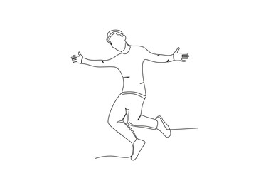 Fototapeta na wymiar Single continuous line drawing of A man jumping in the air, happy free people fly concept. One line draw graphic design vector