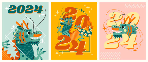 2024 Chinese Dragon Lunar New Year. Festive vector illustration set. Chinese greeting design. Hand drawn Asian style abstract geometric dragons. 