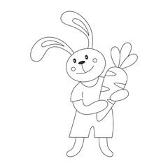 Coloring page with Easter bunny and carrot in his paws. Black and white game for kids. Children education or animals theme. Cartoon isolated vector illustration. 