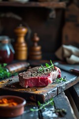 Naklejka na ściany i meble Raw meat steak on dark rustic background