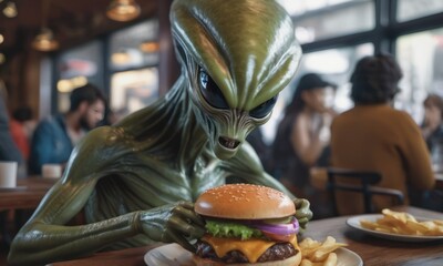 Alien Delights in a Mouthwatering Burger at a Cozy Spot