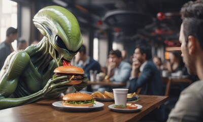 Alien's Burger Adventure: Culinary Joy Unfolds in a Restaurant