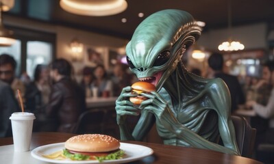 Alien Relishing a Juicy Hamburger in a Cozy Bistro