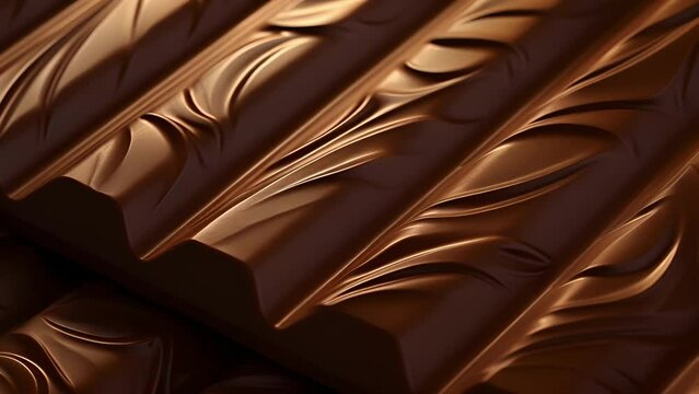A closeup of a rich, dark chocolate bar with decorative lines and a shiny finish.