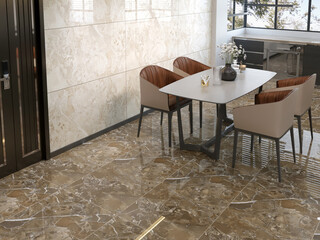 Luxury dining room interior with brown marble floor, beige marble walls, white dining table and chairs. Mockup. 3D Rendering