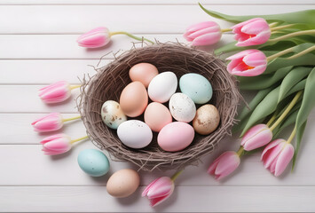 easter eggs in a basket with tulips