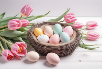 easter eggs in a basket with tulips