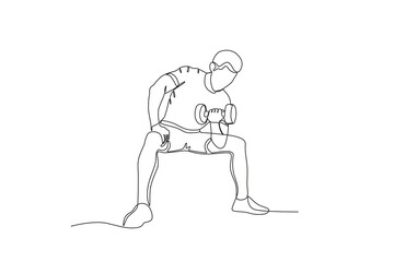 Single continuous line drawing of A man doing sports lifts dumbbells. Fitness stretching concept. Trendy one line draw graphic design vector illustration
