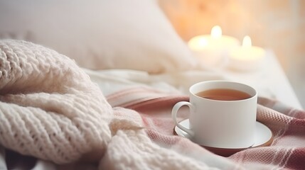 Fototapeta na wymiar cozy home tea in bed morning