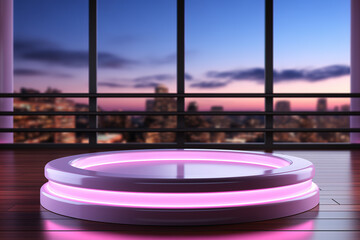 Fototapeta na wymiar 3d render of pink neon round podium with wooden floor on dark background.